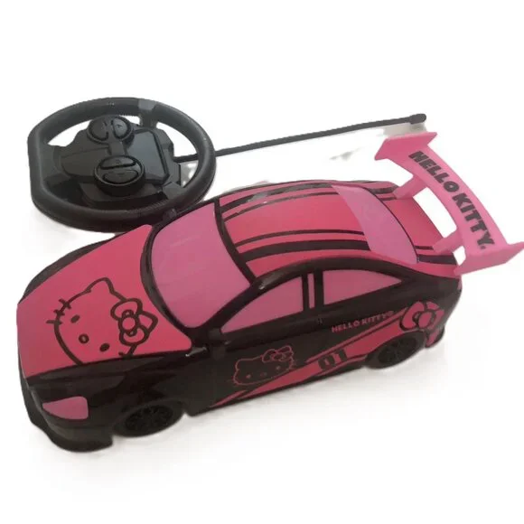 Hello Kitty Remote Control Racing Car & Wheel Controller Black Pink Set of 3 - Picture 2 of 16